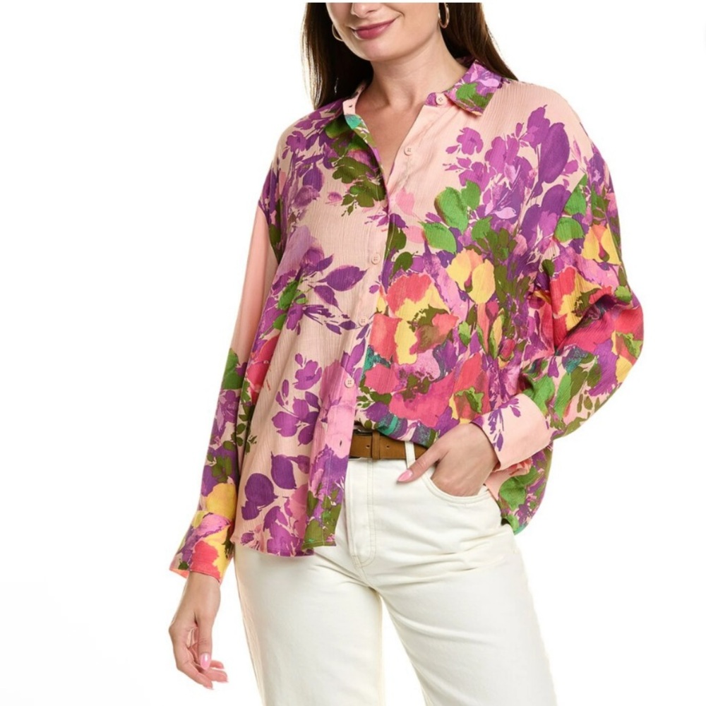 NWT Nicole Miller Floral Print Long Sleeve Button Front Oversized Shirt - Picture 2 of 11
